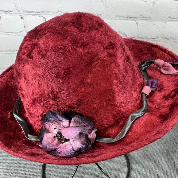 Vintage Burgandy Floral Da-Me Women\'s Rabbit Hair Felt Hat Made in Italy Boho main image 4